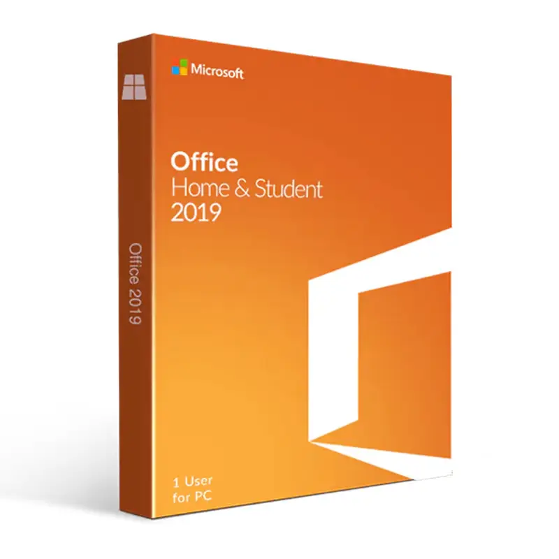 Complete Microsoft Office 2019 Home & Student (Windows) product box; illustration only, licence delivered digitally