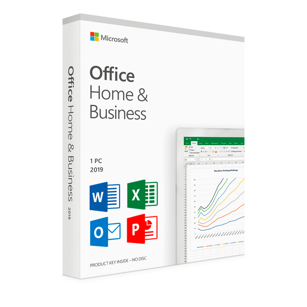 Complete Microsoft Office 2019 Home & Business (Windows) product box; illustration only, licence delivered digitally