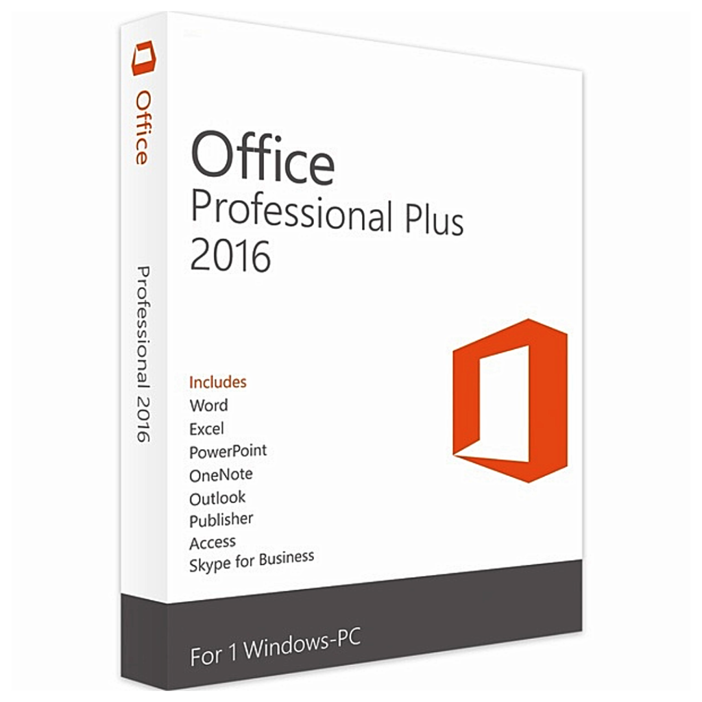Complete Microsoft Office 2016 Professional Plus (Windows) product box; illustration only, licence delivered digitally